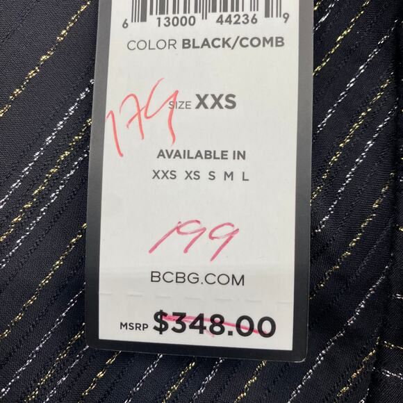 BCBGMAXAZRIA Ruffled Fit & Flare Mini Dress Metallic Lurex Stripe Black NEW XXS - Picture 10 of 13